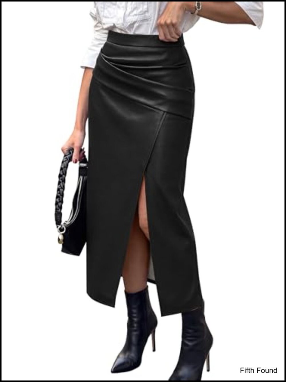 Faux Leather Pencil Skirt High Rise Tummy Control Midi Slit